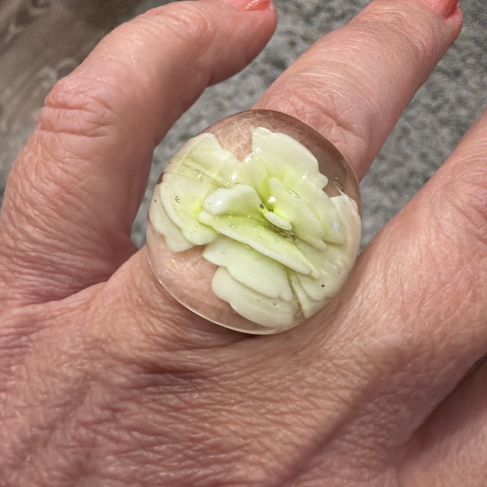 Vintage Glass Flower Ring | Clear Resin Greenish White Flower